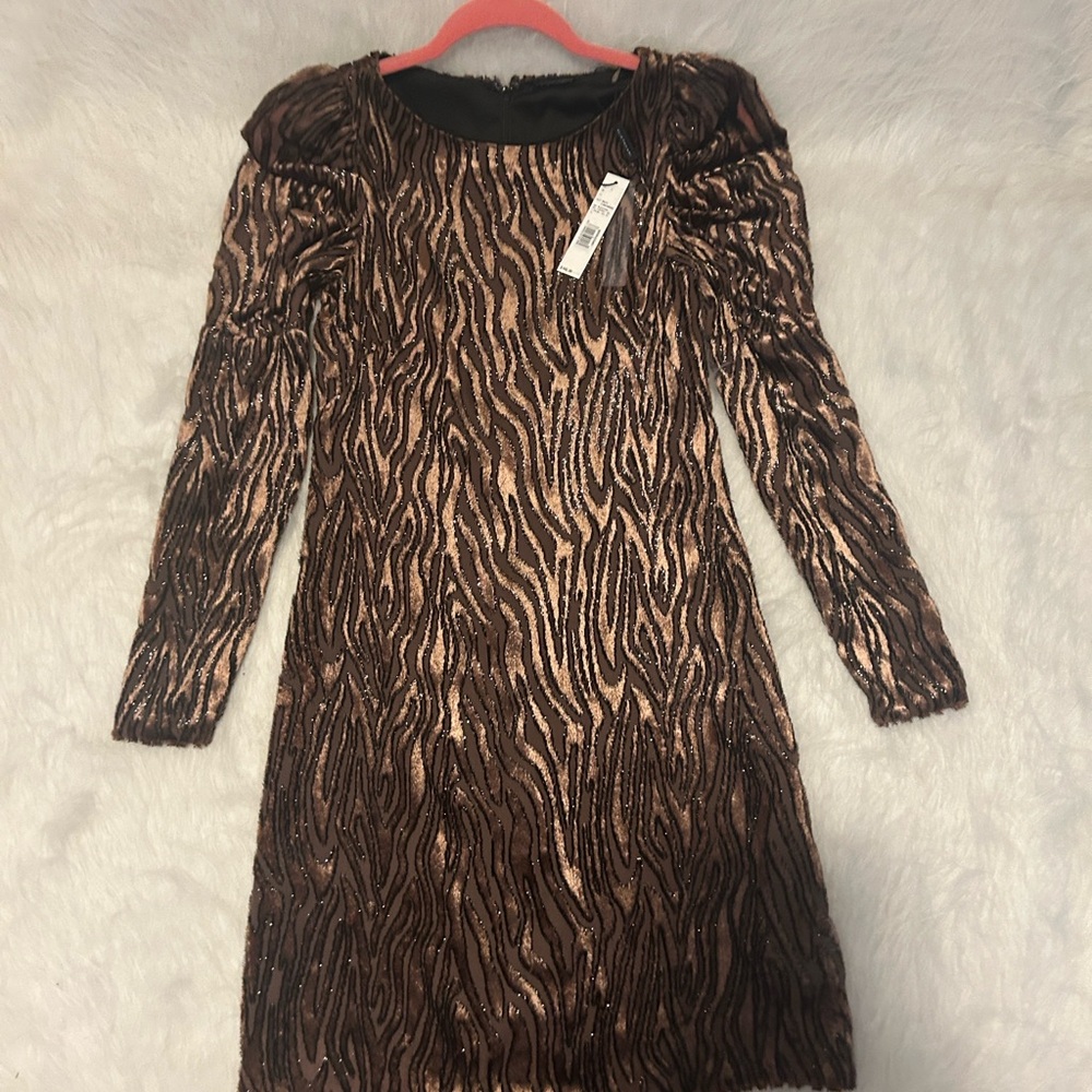 Elie Tahari Black and Brown Long Sleeve Animal Print Dress